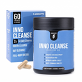 A jar and box of INNOSUPPS Inno Cleanse Digestive Aid dietary supplement, featuring a blue label and black lid, with two beige capsules in front on a white background.