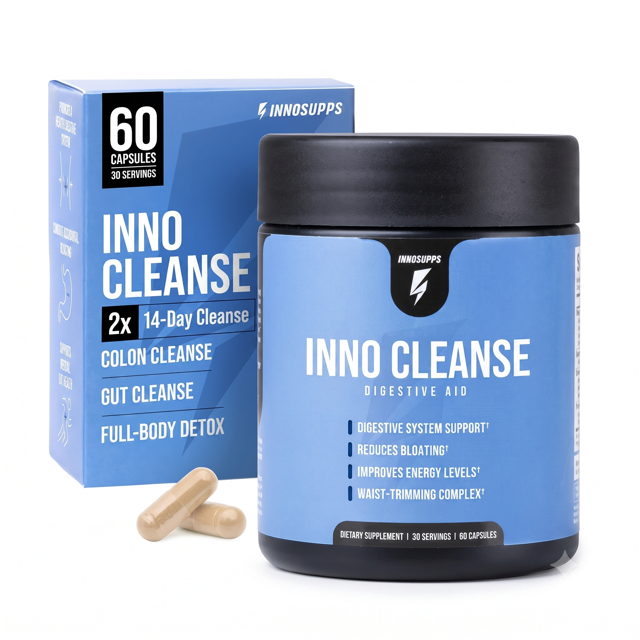 A jar and box of INNOSUPPS Inno Cleanse Digestive Aid dietary supplement, featuring a blue label and black lid, with two beige capsules in front on a white background.