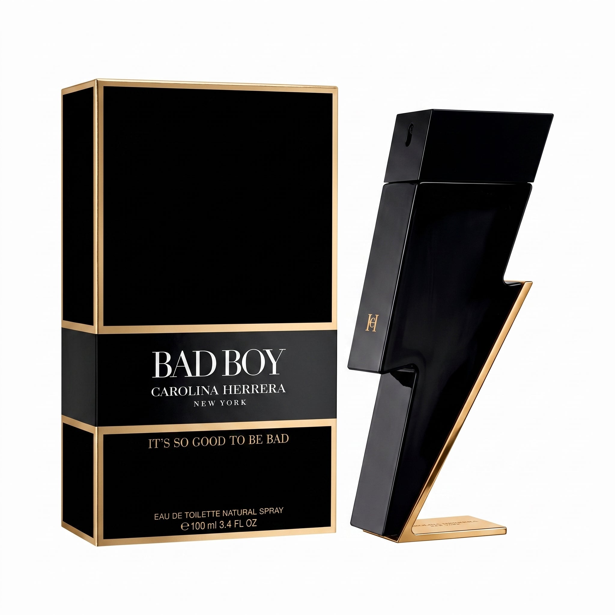 Carolina Herrera Bad Boy Eau de Toilette natural spray bottle and its black and gold packaging box, displayed on a clean white background.