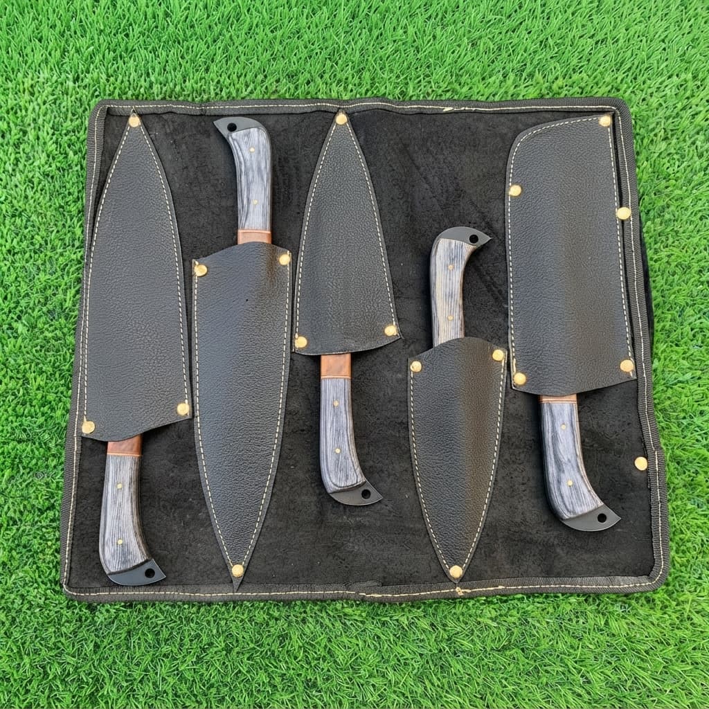 Handmade 5-Piece Chef Knife Set with Leather Roll Bag - Hamxi