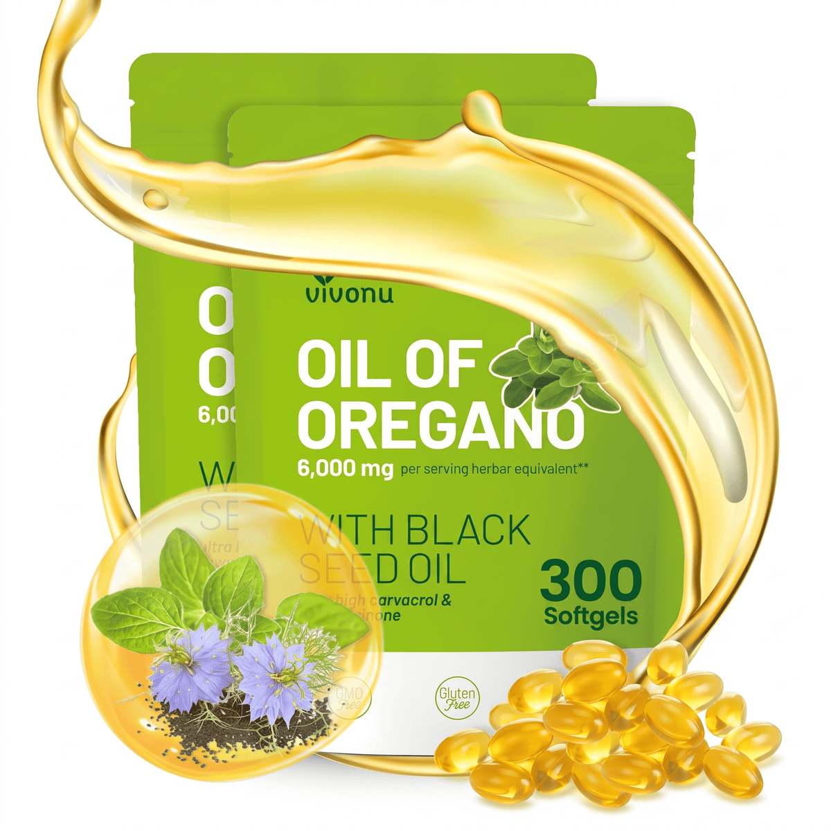VIVONU Oil of Oregano with Black Seed Oil 300 Capsules - Hamxi