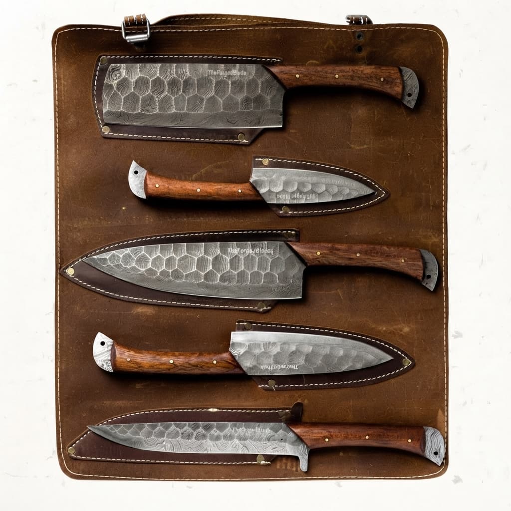 Wildrose Damascus 5-Piece Chef Knife Set & Leather Roll - Hamxi