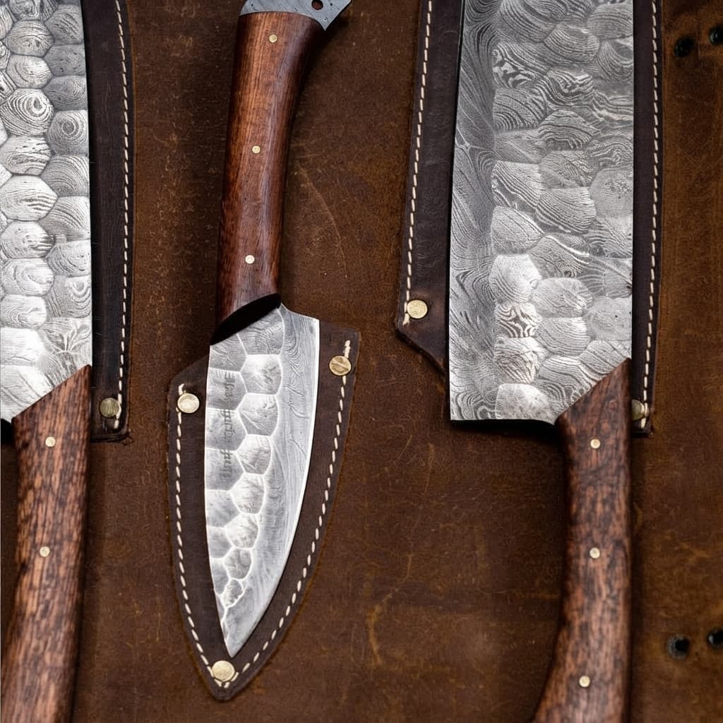 Wildrose Damascus 5-Piece Chef Knife Set & Leather Roll - Hamxi